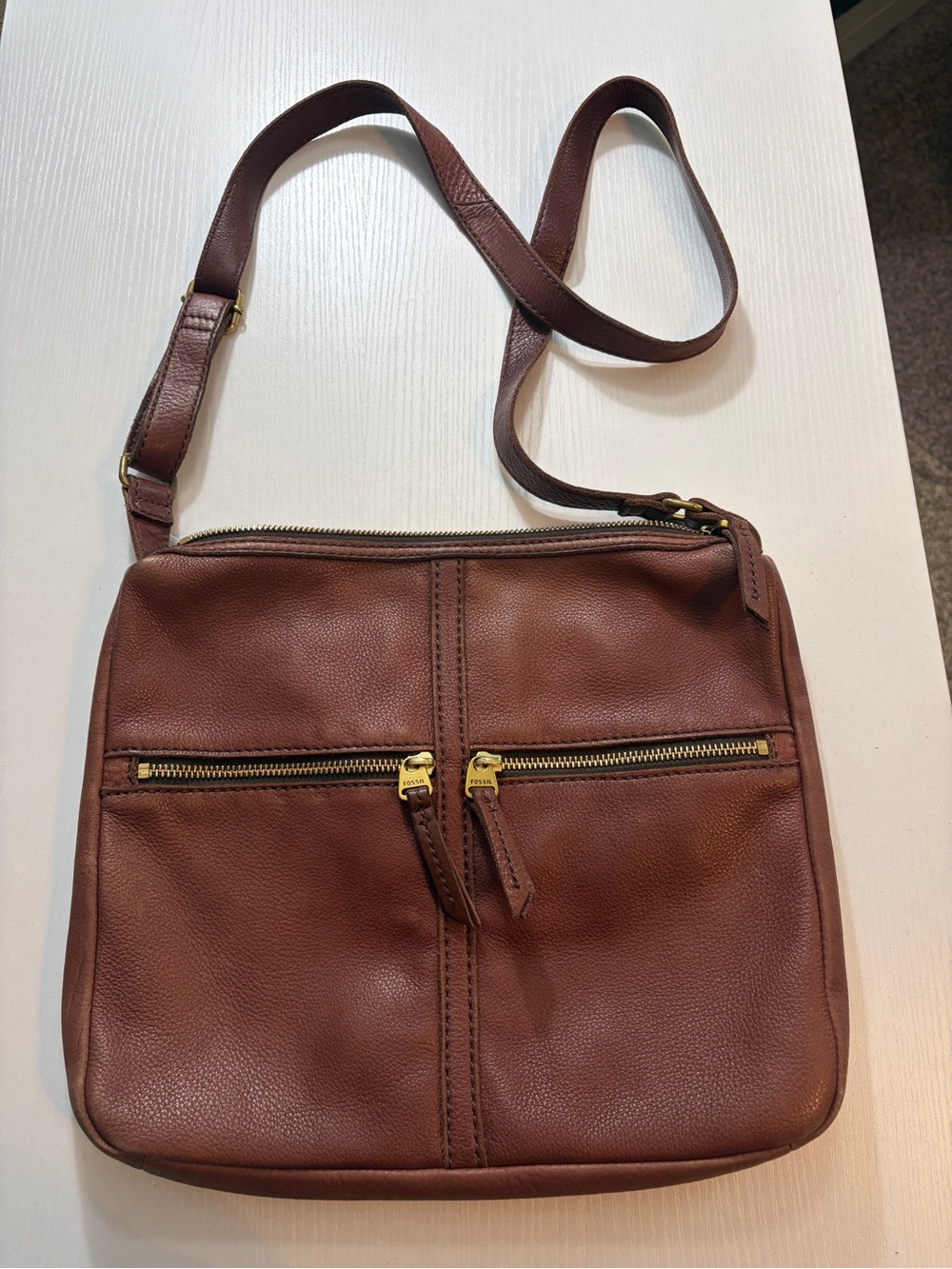 Fossil Brown Leather Crossbody with Gold Hardware